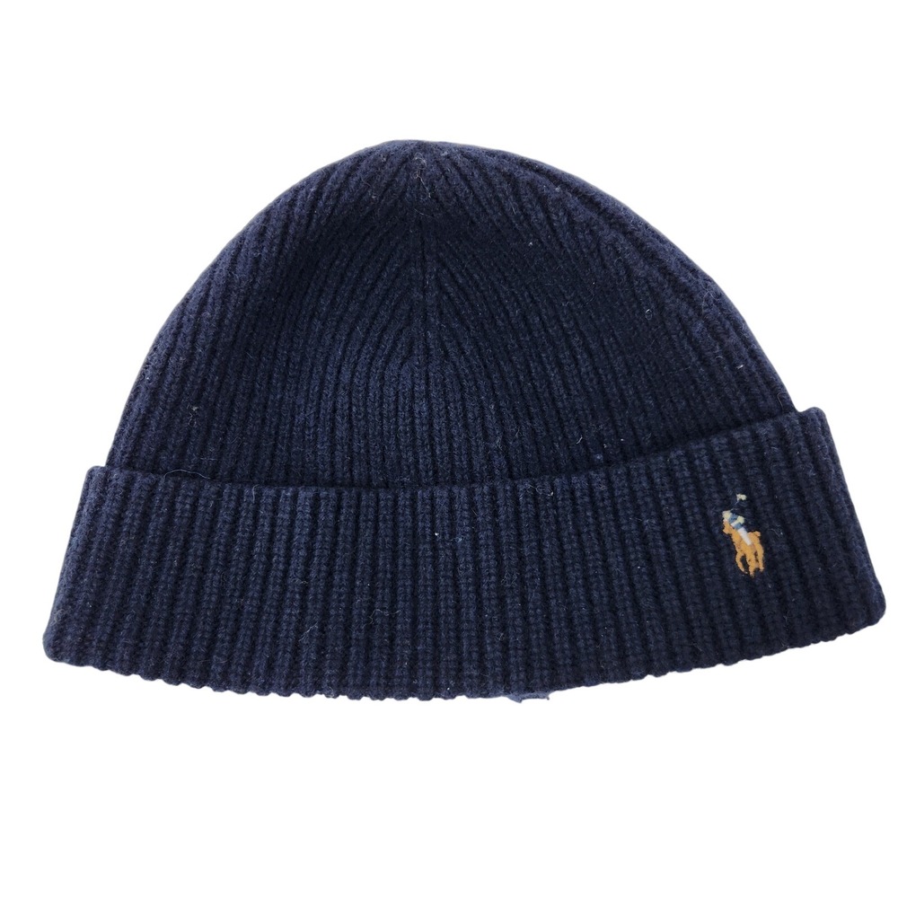 Polo Ralph Lauren Navy Blue Ribbed Knit Cuffed Beanie Embroidered Pony Logo Hat